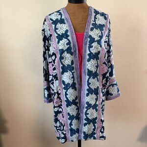 Soft Surroundings Floral Kimono Cardigan Floral Blue V-Neck Topper Cover Medium‍